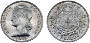 Portugal First Republic 1 Escudo 1915 Silver ... 
