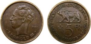 Congo Belgian colony Leopold III 5 Francs ... 
