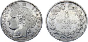 France Third Republic 5 Francs 1871 K ... 