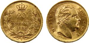 Serbia Milan I 20 Dinara 1882 V Vienna mint ... 
