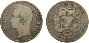 Venezuela United States 5 Bolivares 1886 ... 