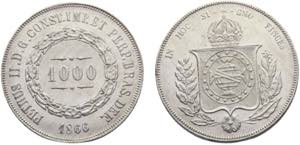 Brazil Empire Pedro II 1000 Reis 1866 Silver ... 