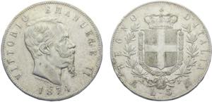 Italy Kingdom Victor Emmanuel II 5 Lire 1874 ... 