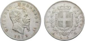 Italy Kingdom Victor Emmanuel II 5 Lire 1875 ... 
