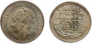 Netherlands Kingdom Wilhelmina 25 Cents 1941 ... 