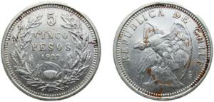 Chile Republic 1927So 5 Pesos Silver (.900) ... 