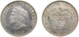 Colombia Republic 1892 50 Centavos ... 