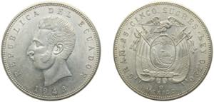 Ecuador Republic 1943Mo 5 Sucres Silver ... 