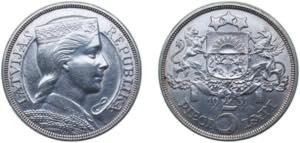 Latvia Republic 1931 5 Lati Silver (.835) ... 