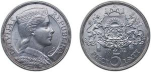 Latvia Republic 1932 5 Lati Silver (.835) ... 