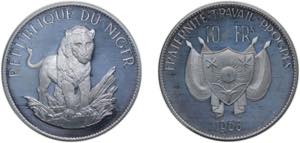 Niger Republic 1968 10 Francs (Lion) Silver ... 