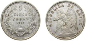 Chile Republic 1927 So 5 Pesos Silver (.900) ... 