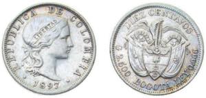 Colombia Republic 1897 10 Centavos Silver ... 