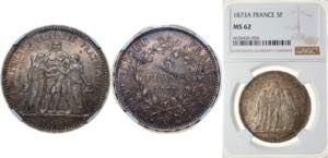 France Third Republic 1873 A 5 Francs Silver ... 