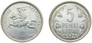 Lithuania Republic 1925 5 Litai Silver ... 