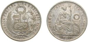 Peru Republic 1875 YJ 1 Sol Silver (.900) ... 