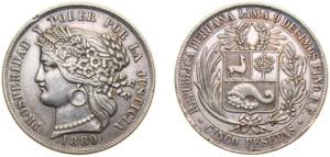 Peru Republic 1880 BF 5 Pesetas Silver ... 