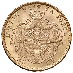 Leopold II. 1865 - 1909 Belgien. 20 Francs, ... 