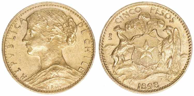 Cinco Pesos, 1898 Chile. 917er ... 