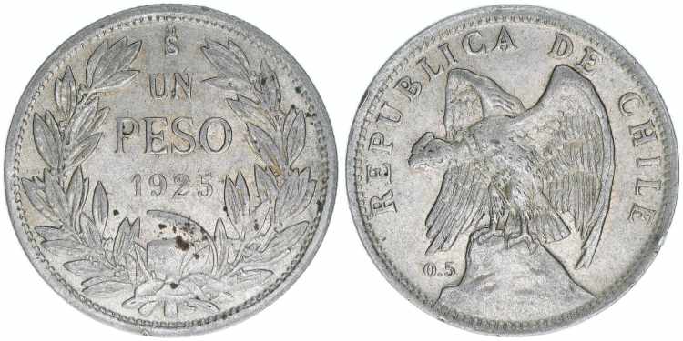 1 Peso, 1925 Chile. 8,88g. Schön ... 