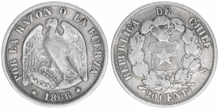 20 Centavos, 1866 Chile. 4,42g. ... 