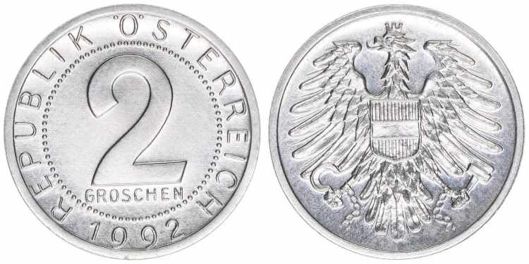 Verkehrsmünzen 2 Groschen, 1992. ... 