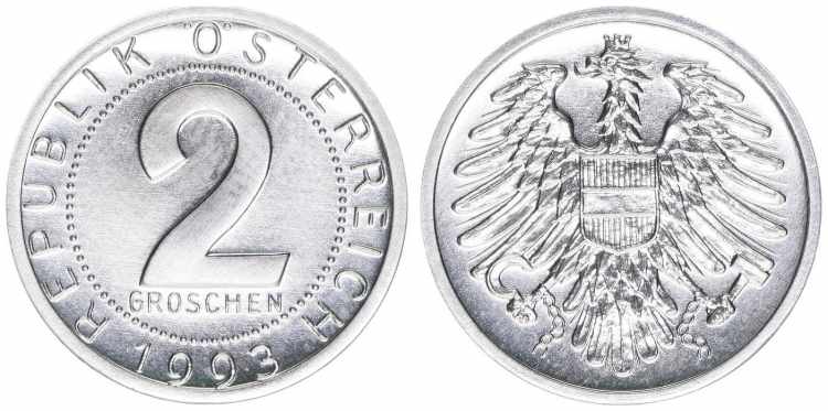 Verkehrsmünzen 2 Groschen, 1993. ... 