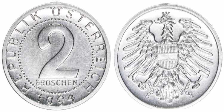 Verkehrsmünzen 2 Groschen, 1994. ... 
