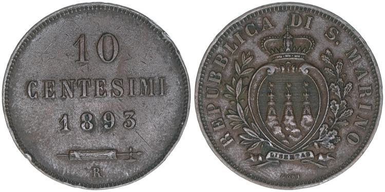 10 Centesimi, 1893 R San Marino. ... 