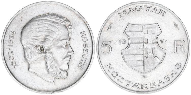 5 Forint, 1947 Ungarn. 11,96g. ... 