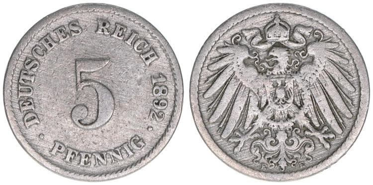 5 Pfennig, 1892 E Auflage 346000. ... 