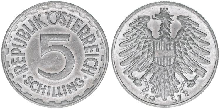 Verkehrsmünzen 5 Schilling, 1957. ... 