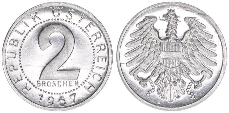 Verkehrsmünzen 2 Groschen, 1967. ... 