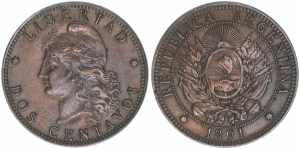 2 Centavos, 1891 Argentinien. 9,95g. Schön ... 