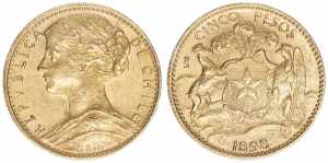 Cinco Pesos, 1898 Chile. 917er Gold - ... 