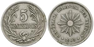 5 Centesimos, 1909 Uruguay. 5,01g. Schön 3 ... 