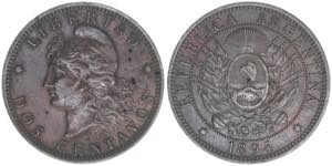 2 Centavos, 1894 Argentinien. 10,08g. ... 