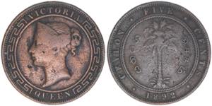 Victoria Ceylon. 5 Cent, 1892. selten 20,26g ... 