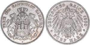 Freie und Hansestadt Hamburg. 5 Mark, 1908 ... 