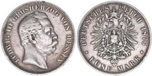 Ludwig III. 1848-1877 Hessen. 5 Mark, 1876 ... 