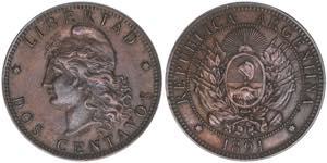 2 Centavos, 1891 Argentinien. 9,95g. Schön ... 