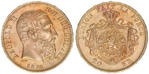 Leopold II. 1865-1909 Belgien. 20 Francs, ... 
