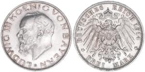 Ludwig III. 1913-1918 Bayern. 3 Mark, 1914 ... 