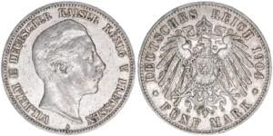 Wilhelm II. 1888-1918 Preussen. 5 Mark, 1904 ... 