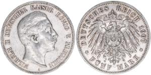 Wilhelm II. 1888-1918 Preussen. 5 Mark, 1907 ... 