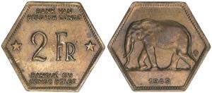1908-1960 Belgisch-Kongo. 2 Francs, 1943. ... 