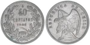 40 Centavos, 1908 Chile. 5,80g. Schön 13 ss