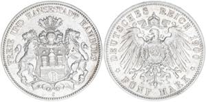 Reichsstadt Hamburg. 5 Mark, 1900 J. 27,56g ... 