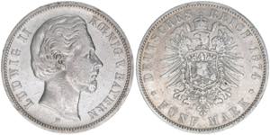 Ludwig II. 1864-1886 Bayern. 5 Mark, 1874 D. ... 