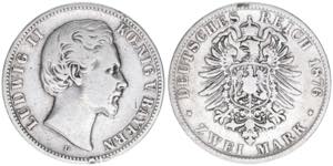 Ludwig II. 1864-1886 Bayern. 2 Mark, 1876 D. ... 
